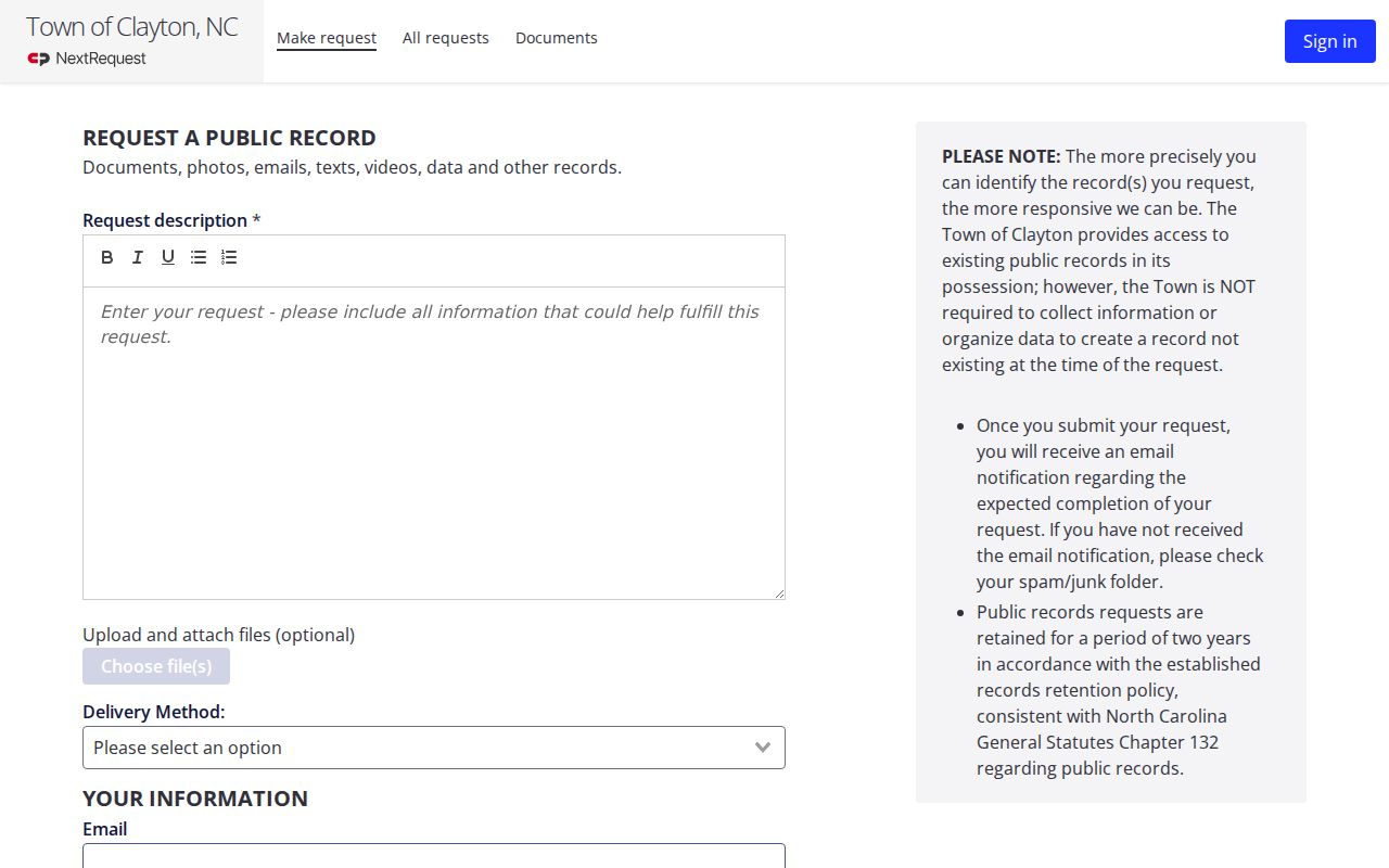 Clayton public records request form and delivery options