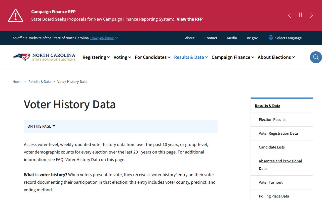 Clayton voter records history file download page showing public participation data